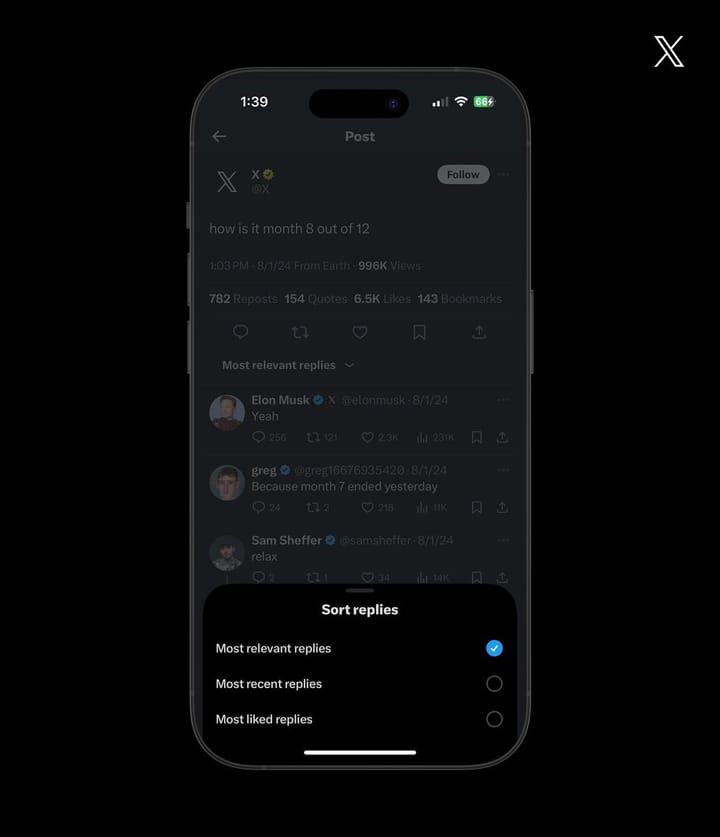 X introduces new reply sorting feature