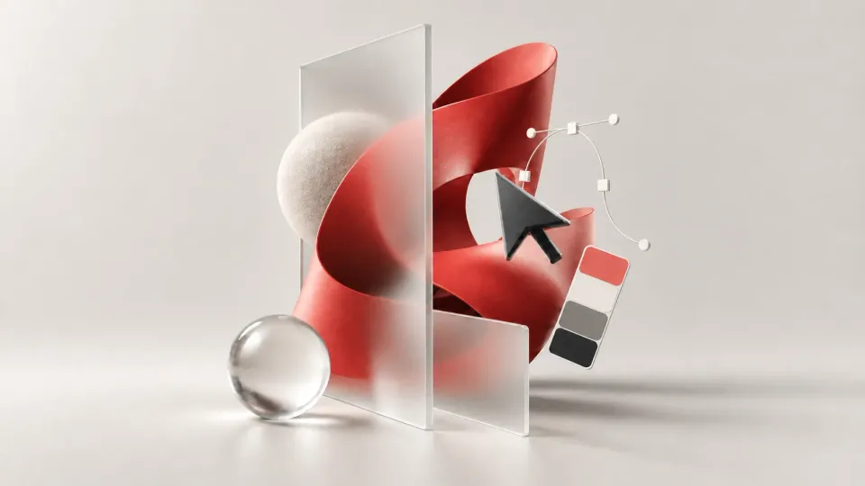 Abstract 3D illustration of a coral ribbon, frosted glass panels, a cursor, and color swatches on a neutral background.